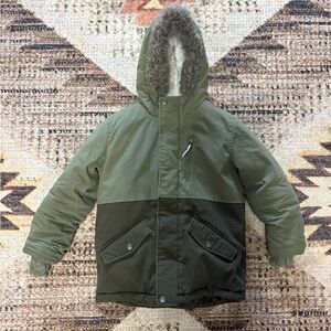 Cat & Jack Heavy Duty Boys Sage Green Parka with Faux Fur Trimmed Hoodie Size S